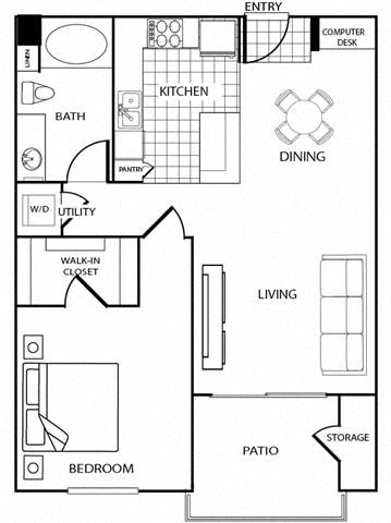 Floor plan for 1 bed, 1 bath, 810 sqft